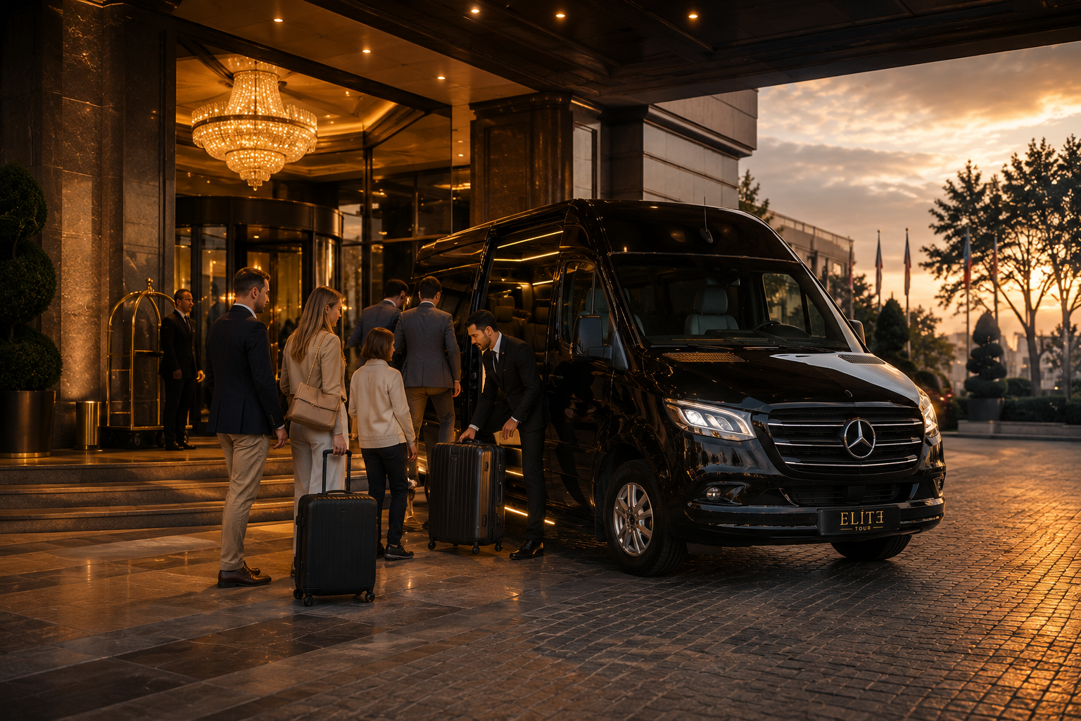 Bursa Mercedes Sprinter Kiralama hizmeti için Elite Tour VIP Mercedes Sprinter aracı, profesyonel şoför ve lüks otel girişinde misafir karşılama